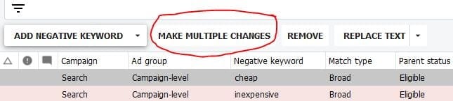 Make Multiple Changes - Negative Keywords